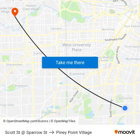 Scott St @ Sparrow St to Piney Point Village map