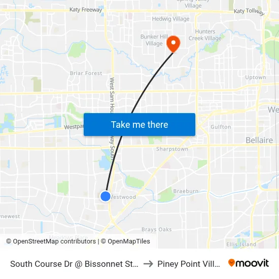 South Course Dr @ Bissonnet St MB to Piney Point Village map