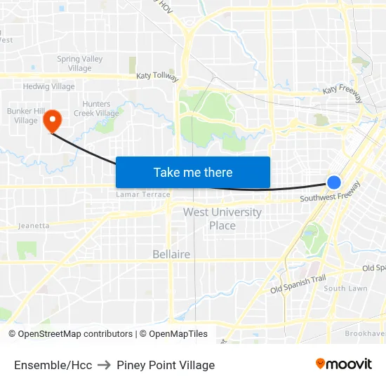 Ensemble/Hcc to Piney Point Village map