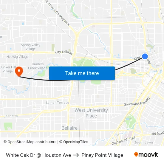 White Oak Dr @ Houston Ave to Piney Point Village map