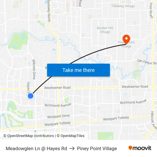 Meadowglen Ln @ Hayes Rd to Piney Point Village map