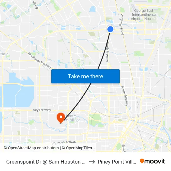 Greenspoint Dr @ Sam Houston Pkwy to Piney Point Village map