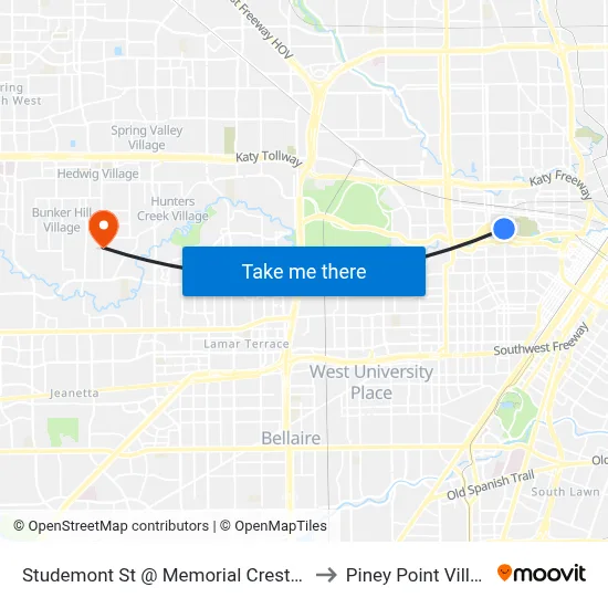 Studemont St @ Memorial Crest Blvd to Piney Point Village map