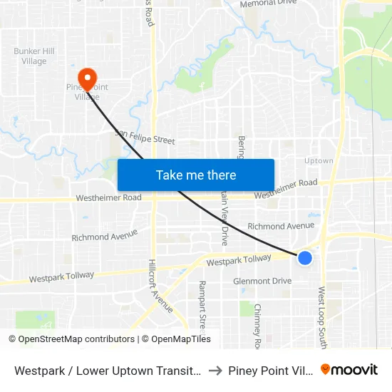 Westpark / Lower Uptown Transit Center to Piney Point Village map