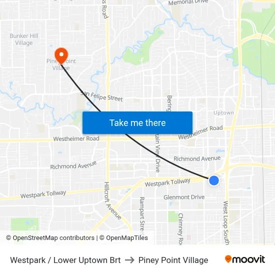 Westpark / Lower Uptown Brt to Piney Point Village map