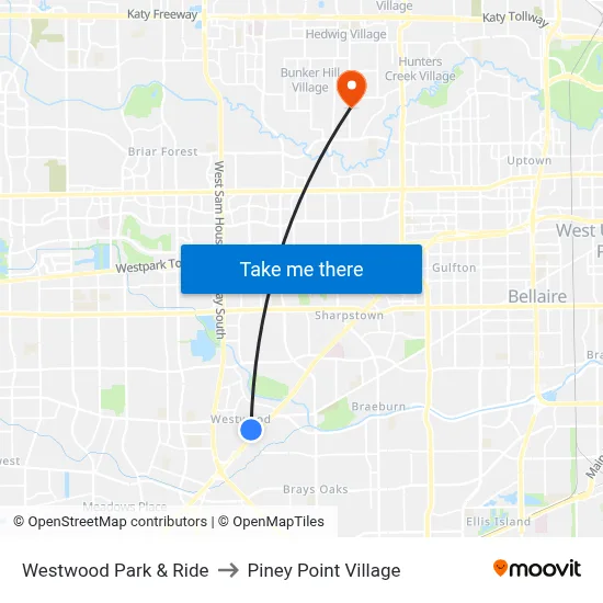 Westwood Park & Ride to Piney Point Village map
