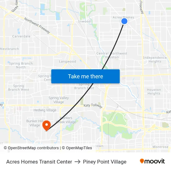 Acres Homes Transit Center to Piney Point Village map