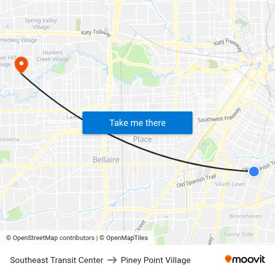 Southeast Transit Center to Piney Point Village map