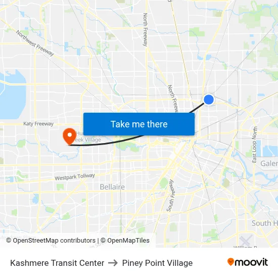 Kashmere Transit Center to Piney Point Village map