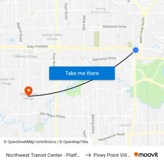 Northwest Transit Center - Platform 2 to Piney Point Village map