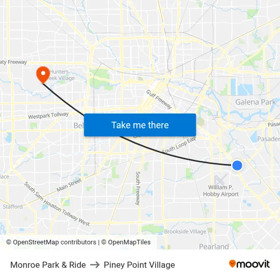 Monroe Park & Ride to Piney Point Village map