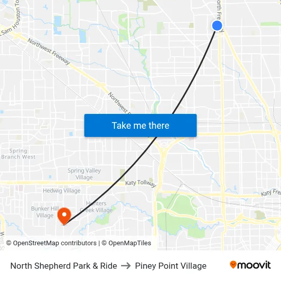 North Shepherd Park & Ride to Piney Point Village map