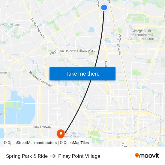 Spring Park & Ride to Piney Point Village map