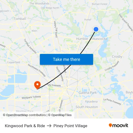 Kingwood Park & Ride to Piney Point Village map