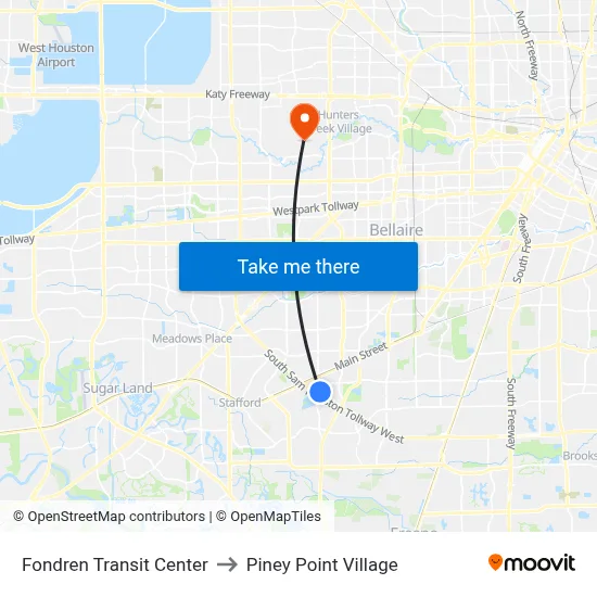 Fondren Transit Center to Piney Point Village map