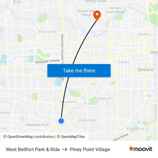 West Bellfort Park & Ride to Piney Point Village map