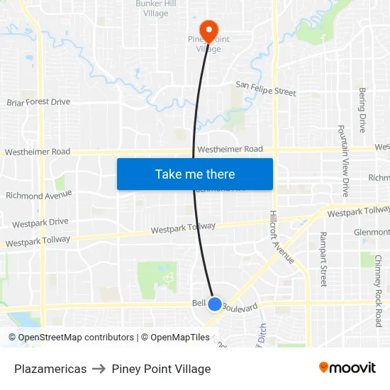 Plazamericas to Piney Point Village map