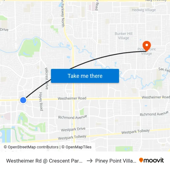 Westheimer Rd @ Crescent Park Dr to Piney Point Village map