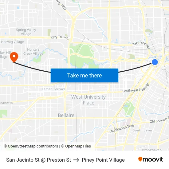 San Jacinto St @ Preston St to Piney Point Village map