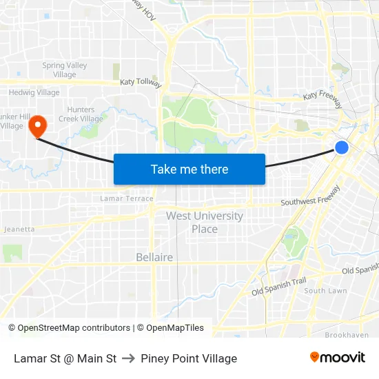 Lamar St @ Main St to Piney Point Village map