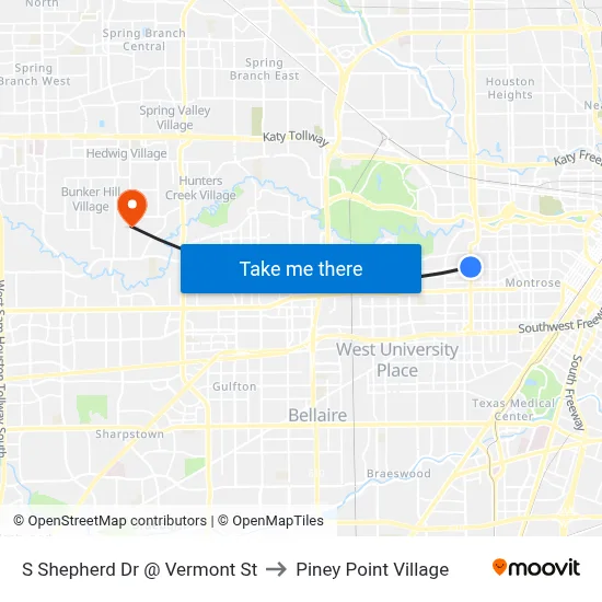 S Shepherd Dr @ Vermont St to Piney Point Village map