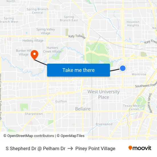 S Shepherd Dr @ Pelham Dr to Piney Point Village map