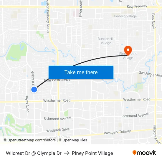 Wilcrest Dr @ Olympia Dr to Piney Point Village map