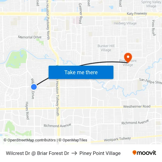 Wilcrest Dr @ Briar Forest Dr to Piney Point Village map