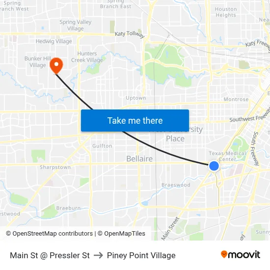 Main St @ Pressler St to Piney Point Village map