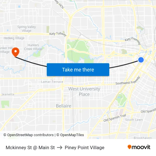 Mckinney St @ Main St to Piney Point Village map