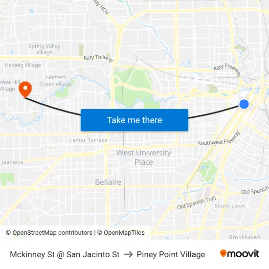 Mckinney St @ San Jacinto St to Piney Point Village map