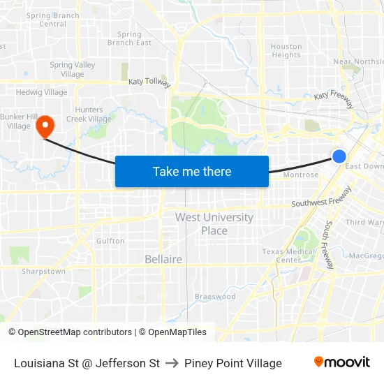 Louisiana St @ Jefferson St to Piney Point Village map