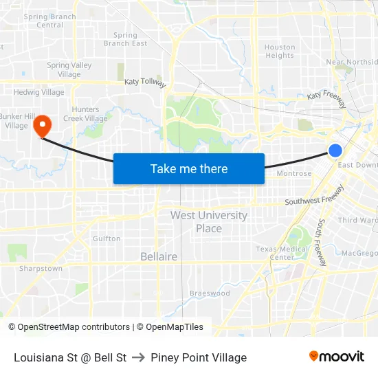 Louisiana St @ Bell St to Piney Point Village map