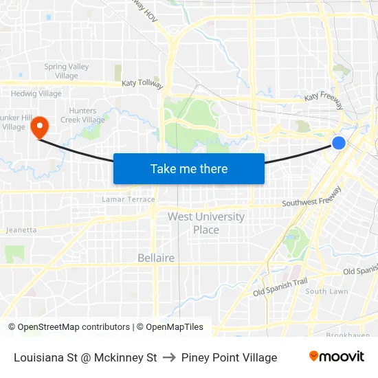 Louisiana St @ Mckinney St to Piney Point Village map