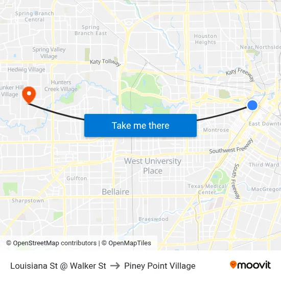 Louisiana St @ Walker St to Piney Point Village map