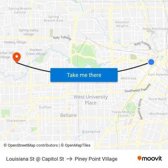 Louisiana St @ Capitol St to Piney Point Village map