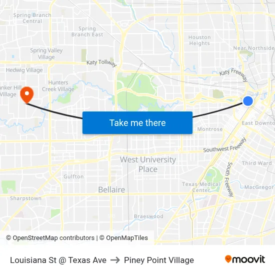 Louisiana St @ Texas Ave to Piney Point Village map