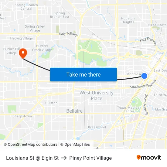 Louisiana St @ Elgin St to Piney Point Village map
