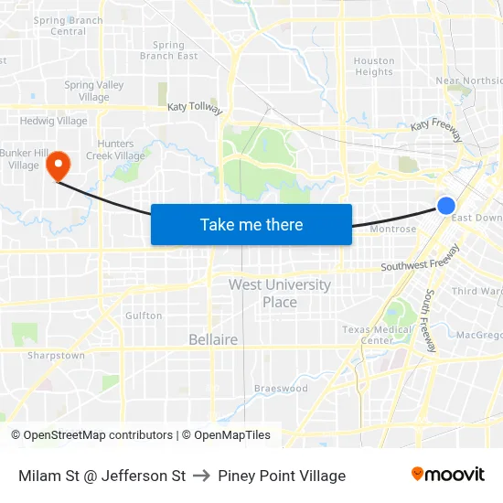Milam St @ Jefferson St to Piney Point Village map