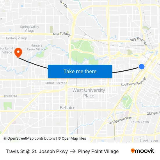 Travis St @ St. Joseph Pkwy to Piney Point Village map
