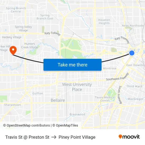 Travis St @ Preston St to Piney Point Village map