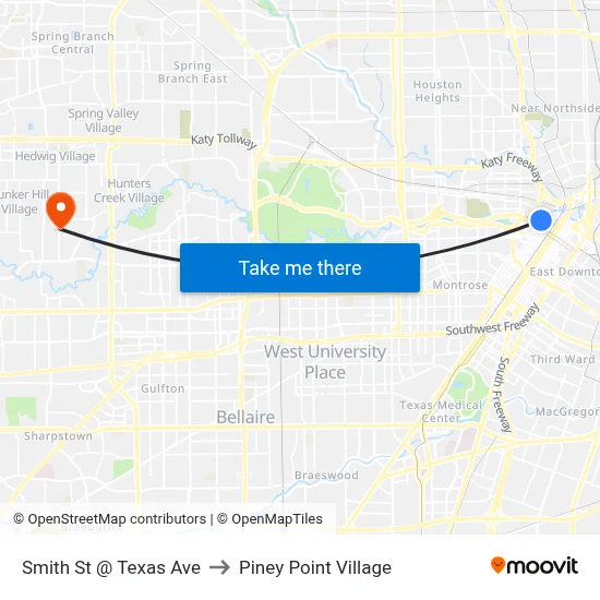 Smith St @ Texas Ave to Piney Point Village map
