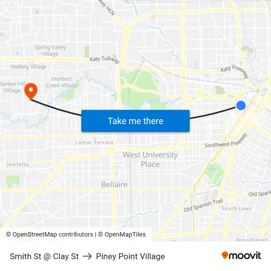 Smith St @ Clay St to Piney Point Village map