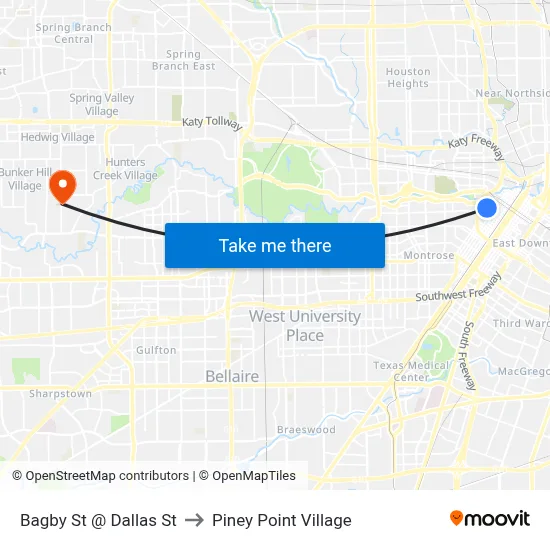 Bagby St @ Dallas St to Piney Point Village map