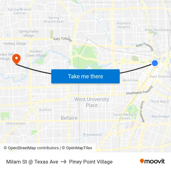 Milam St @ Texas Ave to Piney Point Village map