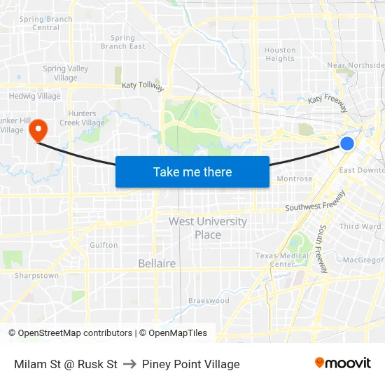 Milam St @ Rusk St to Piney Point Village map