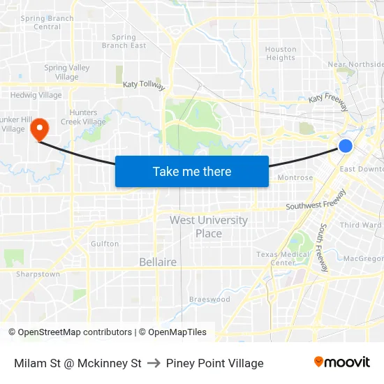 Milam St @ Mckinney St to Piney Point Village map