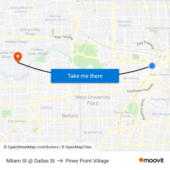 Milam St @ Dallas St to Piney Point Village map
