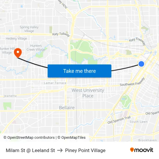Milam St @ Leeland St to Piney Point Village map