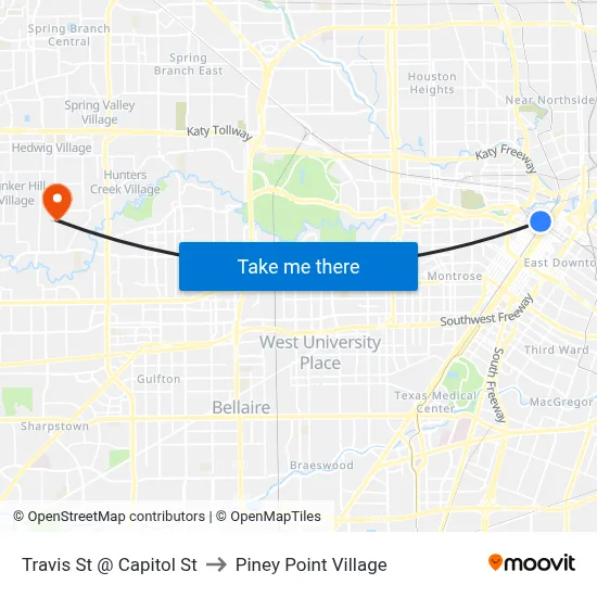 Travis St @ Capitol St to Piney Point Village map